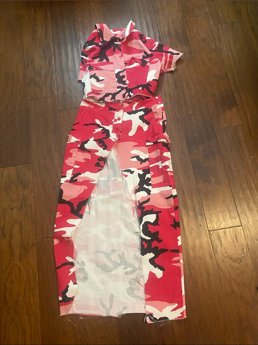 SHEIN Red Pink Black Camo High-Low Dress Set